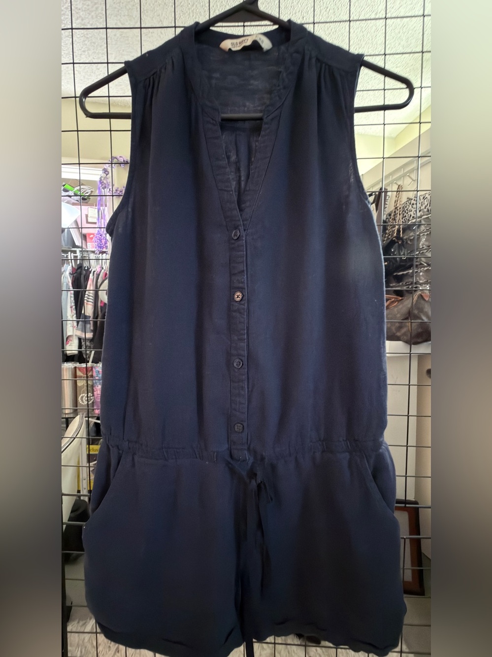 Linen Rayon Old Navy Navy Button-Front Sleeveless Romper with Drawstring